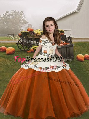 Sleeveless Floor Length Embroidery Lace Up Little Girls Pageant Gowns with Rust Red