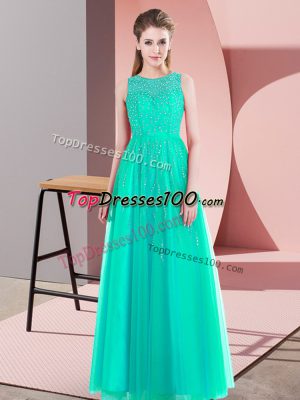 Customized Sleeveless Tulle Floor Length Side Zipper Party Dresses in Turquoise with Beading