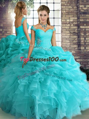 Top Selling Aqua Blue Sleeveless Beading and Ruffles and Pick Ups Floor Length Quince Ball Gowns