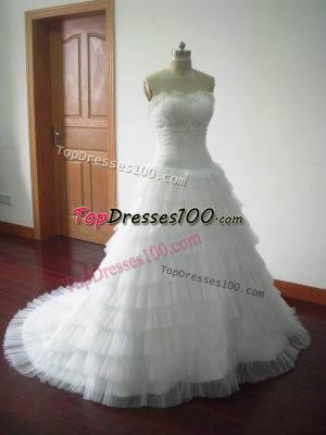 White Sweetheart Neckline Beading and Ruffled Layers Wedding Gown Sleeveless Lace Up