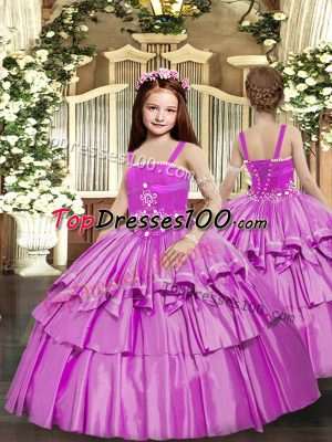 Lilac Kids Formal Wear Party and Sweet 16 and Wedding Party with Beading and Ruffled Layers Straps Sleeveless Lace Up