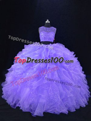 Lavender Sleeveless Floor Length Beading and Ruffles Zipper 15 Quinceanera Dress