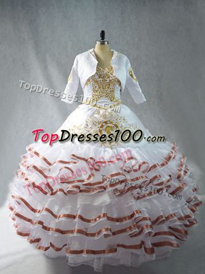 Sweetheart Sleeveless Ball Gown Prom Dress Floor Length Embroidery and Ruffled Layers White Organza