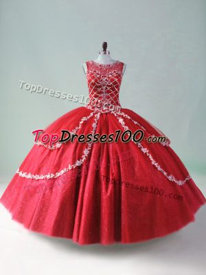 Red Sleeveless Tulle Zipper Ball Gown Prom Dress for Sweet 16 and Quinceanera