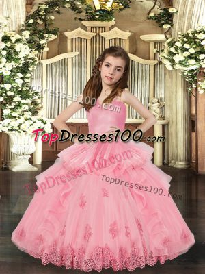 Hot Selling Sleeveless Tulle Floor Length Lace Up Pageant Dress Wholesale in Baby Pink with Lace and Appliques