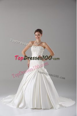 Smart White Taffeta Lace Up Strapless Sleeveless Wedding Dresses Brush Train Beading