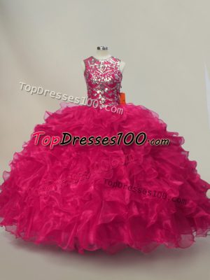 Lovely Sleeveless Organza Floor Length Lace Up Quinceanera Gowns in Hot Pink with Ruffles and Sequins