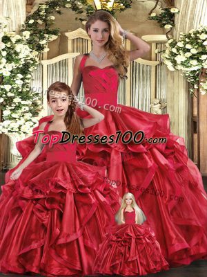 Red Lace Up Straps Ruffles Sweet 16 Dress Organza Sleeveless