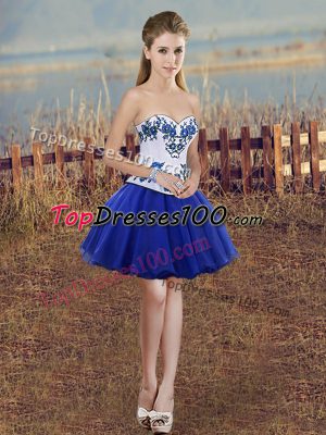 Latest Royal Blue Tulle Lace Up Sweetheart Sleeveless Mini Length Hoco Dress Embroidery