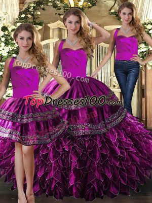 Adorable Three Pieces Quinceanera Dress Fuchsia Halter Top Organza Sleeveless Floor Length Lace Up