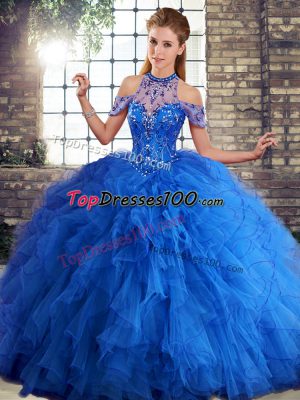 Sexy Ball Gowns Sweet 16 Dress Royal Blue Halter Top Tulle Sleeveless Floor Length Lace Up