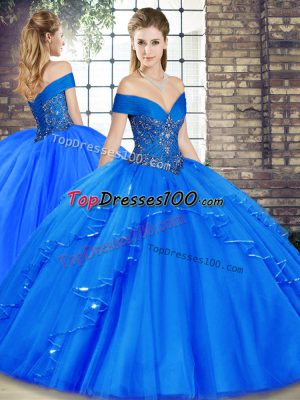 Royal Blue Off The Shoulder Neckline Beading and Ruffles Ball Gown Prom Dress Sleeveless Lace Up