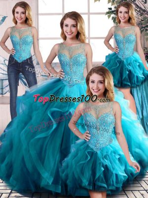 Lovely Aqua Blue Lace Up Sweet 16 Quinceanera Dress Beading and Ruffles Sleeveless Floor Length