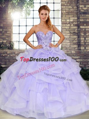 Lavender Sleeveless Beading and Ruffles Floor Length Ball Gown Prom Dress