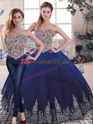 Fashionable Royal Blue Two Pieces Tulle Sweetheart Sleeveless Beading and Embroidery Floor Length Lace Up Vestidos de Quinceanera