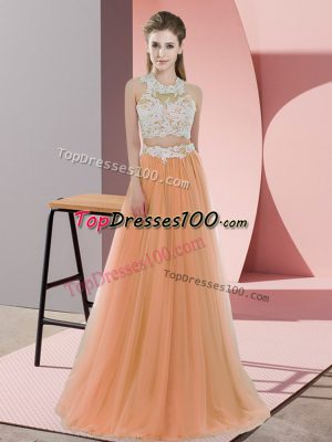 Orange Two Pieces Halter Top Sleeveless Tulle Floor Length Zipper Lace Bridesmaid Gown