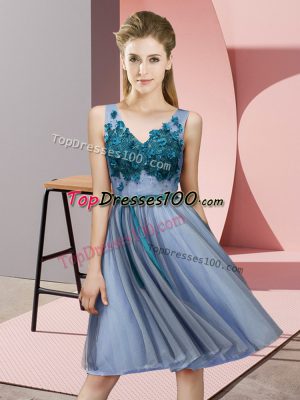 Nice Blue Empire Tulle V-neck Sleeveless Appliques Knee Length Lace Up Bridesmaid Dress