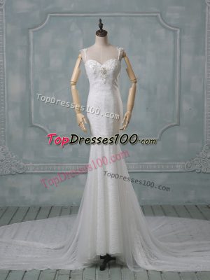 Super White Mermaid Spaghetti Straps Sleeveless Lace Court Train Backless Beading and Lace Wedding Gowns