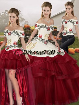 Customized Wine Red Ball Gowns Embroidery and Ruffled Layers Sweet 16 Dress Lace Up Tulle Sleeveless