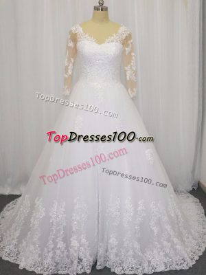 Traditional White Zipper V-neck Beading and Lace Wedding Dresses Tulle 3 4 Length Sleeve Brush Train