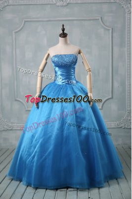 Cheap Beading and Sequins Ball Gown Prom Dress Baby Blue Lace Up Sleeveless Floor Length