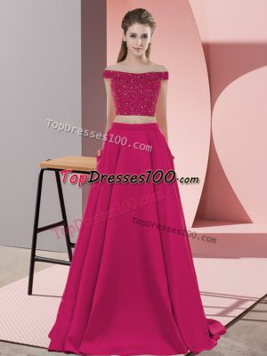 On Sale Sweep Train Two Pieces Prom Gown Hot Pink Off The Shoulder Elastic Woven Satin Sleeveless Backless