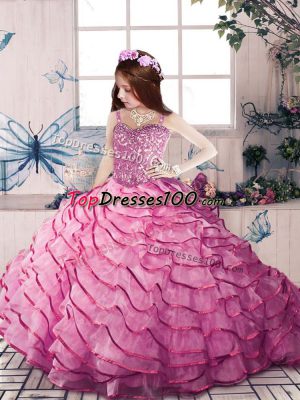 Excellent Straps Sleeveless Little Girls Pageant Dress Court Train Beading and Ruffled Layers Pink Organza