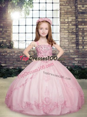 Lilac Tulle Lace Up Straps Sleeveless Floor Length Kids Formal Wear Beading