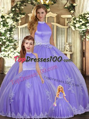 Lavender Ball Gowns Beading and Appliques Quinceanera Dress Backless Tulle Sleeveless Floor Length