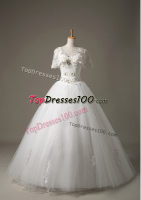 Stylish Tulle Short Sleeves Floor Length Bridal Gown and Beading and Appliques