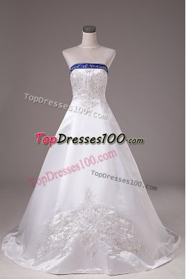 White Ball Gowns Satin Strapless Sleeveless Beading and Embroidery Lace Up Wedding Dress Brush Train