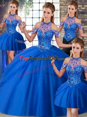 Beading and Pick Ups Vestidos de Quinceanera Blue Lace Up Sleeveless Brush Train