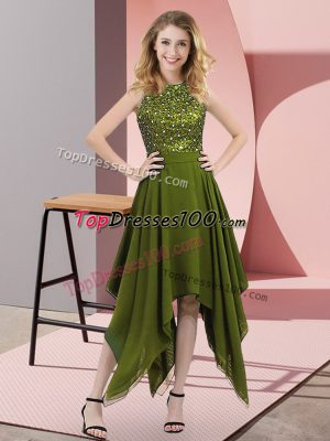 Elegant High-neck Sleeveless Prom Party Dress Asymmetrical Beading and Sequins Olive Green Chiffon