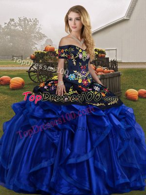 Sleeveless Floor Length Embroidery and Ruffles Lace Up Sweet 16 Quinceanera Dress with Blue And Black
