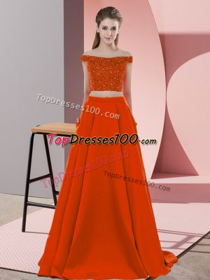 Sleeveless Elastic Woven Satin Sweep Train Backless Homecoming Dress in Rust Red with Beading
