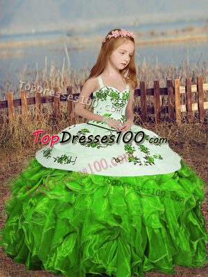 Straps Sleeveless Girls Pageant Dresses Floor Length Embroidery and Ruffles Organza