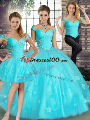 Excellent Aqua Blue Sleeveless Tulle Lace Up 15th Birthday Dress for Military Ball and Sweet 16 and Quinceanera
