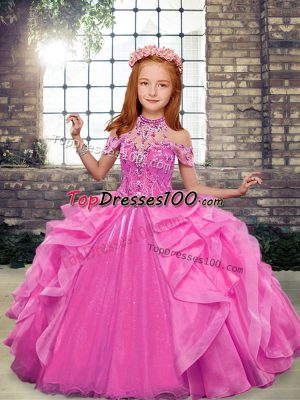 Rose Pink Ball Gowns High-neck Sleeveless Organza Floor Length Lace Up Beading and Ruffles Pageant Gowns For Girls