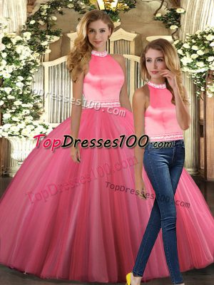 Beautiful Floor Length Coral Red Ball Gown Prom Dress Halter Top Sleeveless Backless