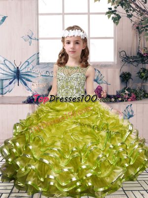 Fashion Olive Green Kids Pageant Dress Party and Military Ball and Wedding Party with Beading and Ruffles Scoop Sleeveless Lace Up