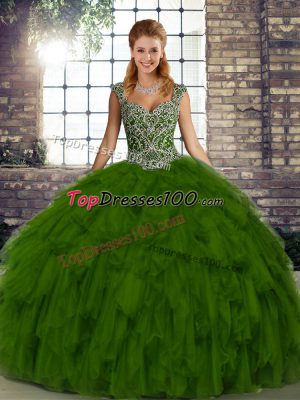 Suitable Olive Green Ball Gowns Organza Straps Sleeveless Beading and Ruffles Floor Length Lace Up Quinceanera Dresses