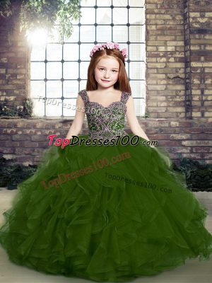 Straps Sleeveless Evening Gowns Floor Length Beading and Ruffles Olive Green Tulle