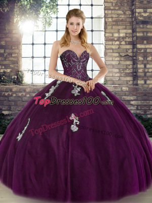 Dark Purple Sweetheart Neckline Beading and Appliques Sweet 16 Dresses Sleeveless Lace Up