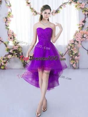 Exquisite Sleeveless Tulle High Low Lace Up Quinceanera Dama Dress in Eggplant Purple with Lace