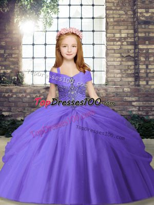 Best Lavender Tulle Lace Up Spaghetti Straps Sleeveless Floor Length Little Girls Pageant Gowns Beading