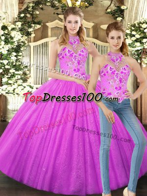 Sleeveless Tulle Floor Length Lace Up Sweet 16 Dresses in Lilac with Embroidery