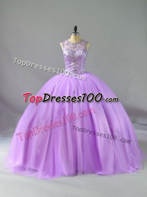 Lavender Lace Up Scoop Beading Ball Gown Prom Dress Tulle Sleeveless