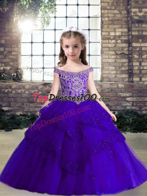 Attractive Floor Length Purple Little Girls Pageant Gowns Off The Shoulder Sleeveless Lace Up