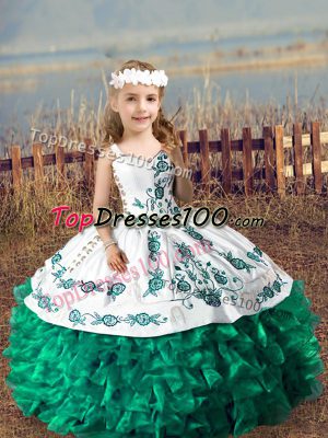 Dark Green Lace Up Straps Embroidery and Ruffles Little Girl Pageant Dress Organza Sleeveless