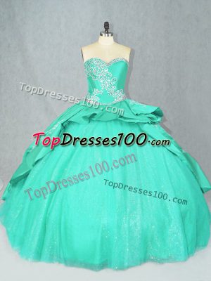 Turquoise Quinceanera Gown Satin Court Train Sleeveless Embroidery